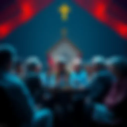 A group of church members gathered in a meeting, looking concerned while discussing a cryptocurrency investment opportunity, with a church in the background