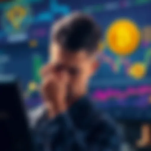 A worried investor looking at a chart showing declining coin values and questioning the future of staking rewards, with symbols of CRO and other cryptocurrencies in the background.