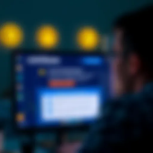 A person looks concerned at a computer screen showing Coinbase account restrictions due to scams, with icons representing security alerts.