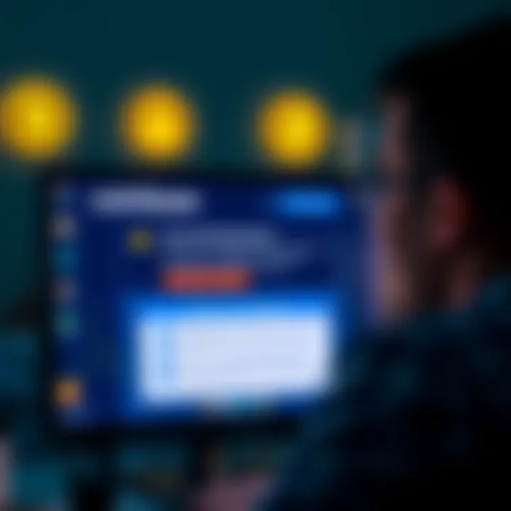 A person looks concerned at a computer screen showing Coinbase account restrictions due to scams, with icons representing security alerts.