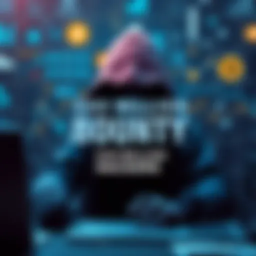 A graphic showing a $20 million bounty notice for information on Coinbase hackers, featuring images of a hacker and cryptocurrency icons.