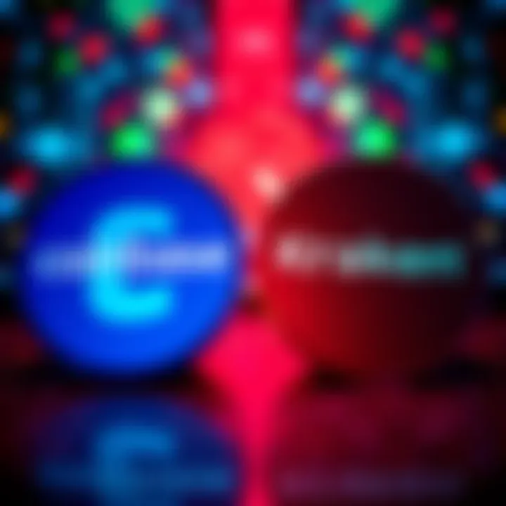 A side-by-side comparison of Coinbase and Kraken logos with cryptocurrency icons in the background