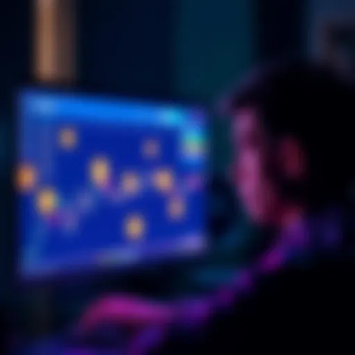 A frustrated person looking at a computer screen showing long transfer times on Coinbase, with visuals of digital currency symbols.