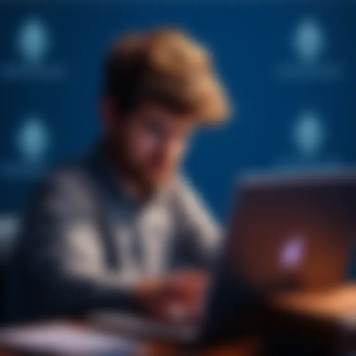 A person looking distressed while checking their Coinbase account on a laptop, with Ethereum logos in the background.