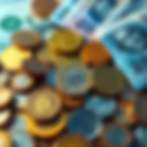 A collection of coins and banknotes representing money and currency