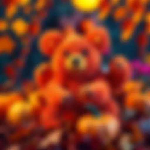 A playful Octobear figure surrounded by fall leaves and pumpkins, embodying the festive spirit of autumn.