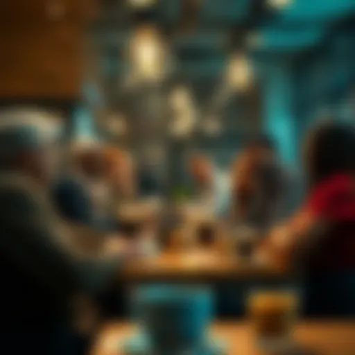 A group of diverse people discussing the phrase 'Come to Papa' in a coffee shop setting, reflecting its cultural significance.