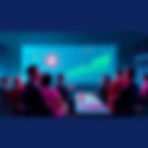A group of people engaging in a discussion about potential cryptocurrencies that may become the next Bitcoin, with charts and graphs illustrating current trends.