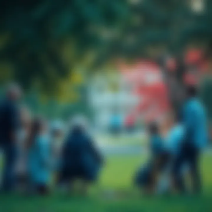 A diverse group of people gathered in a park discussing current societal issues and future implications.