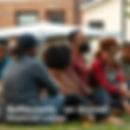 A diverse group of people sitting together outdoors, sharing stories and reflections about their financial losses, with expressions of camaraderie and support.