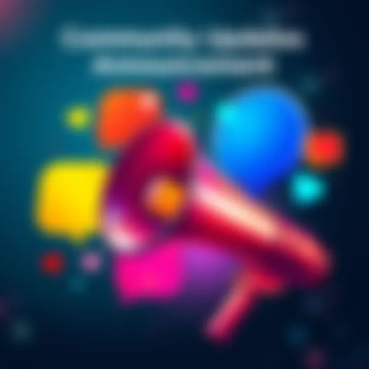 Community Updates Announcement A vibrant graphic showing a megaphone with colorful speech bubbles representing community updates and announcements