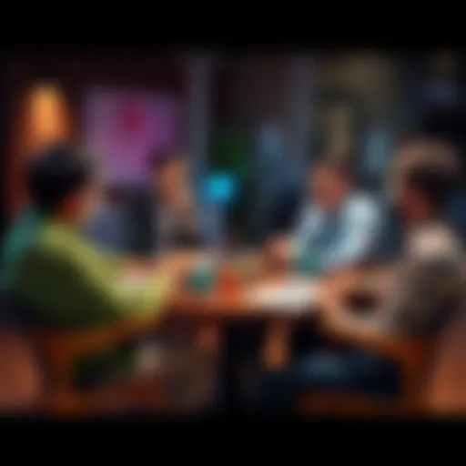 A group of people engaged in a lively discussion at a round table, sharing ideas and opinions.