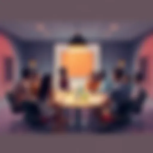 A group of diverse people engaging in conversation at a round table, sharing ideas and thoughts