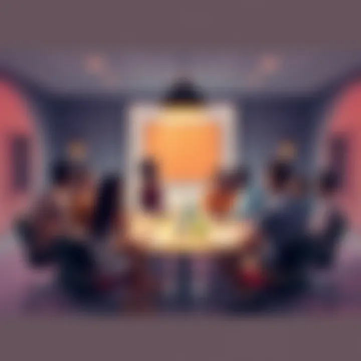 A group of diverse people engaging in conversation at a round table, sharing ideas and thoughts