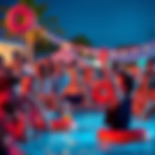 A lively group of people enjoying activities at Donut Pool Week 75, with colorful donuts and poolside fun.