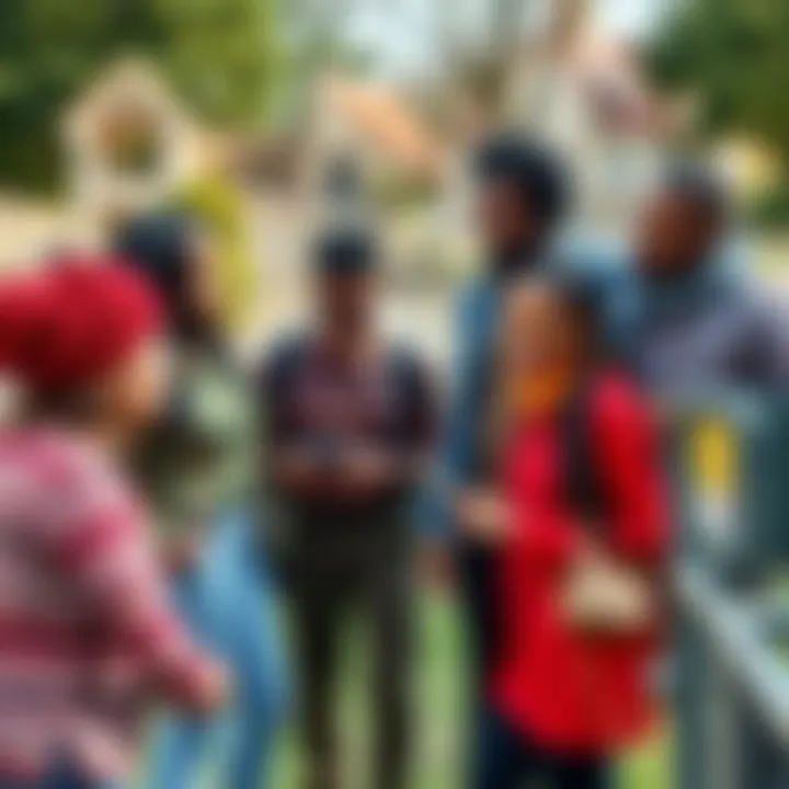 A diverse group of people collaborating in a park, sharing ideas and supporting each other.