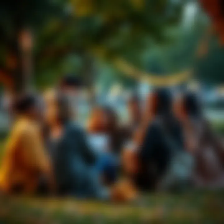 A group of people gathered in a park, sharing stories and comforting each other after a breakup, showcasing unity and support.