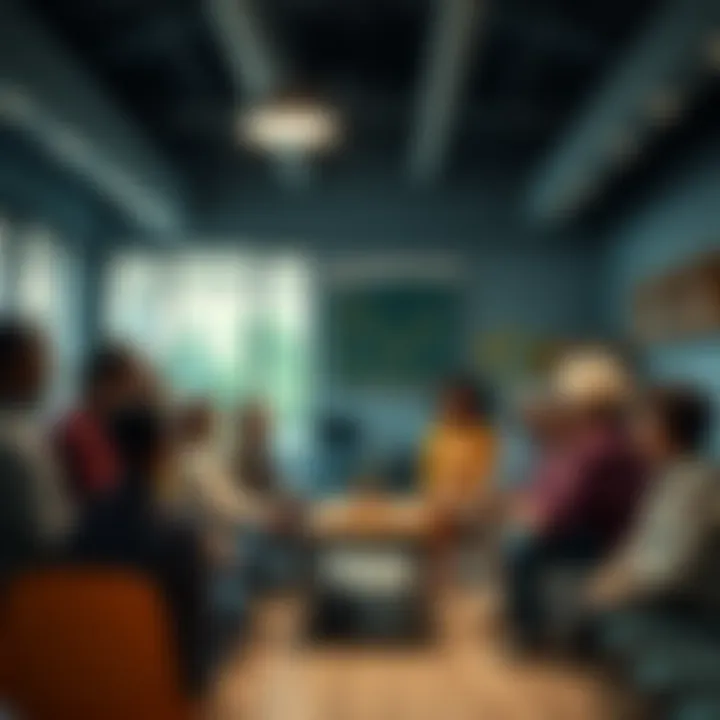 A diverse group of people gathered in a community center, discussing ways to provide support to those in need.