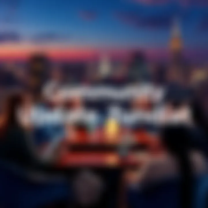 A group of diverse people gathered around a table, discussing important community updates with a backdrop of a city skyline at night.