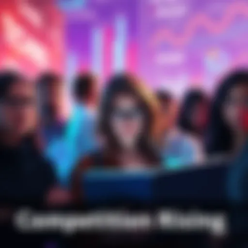 A group of people looking concerned and analyzing graphs showing increasing competition in various fields, representing the feeling of being overshadowed.