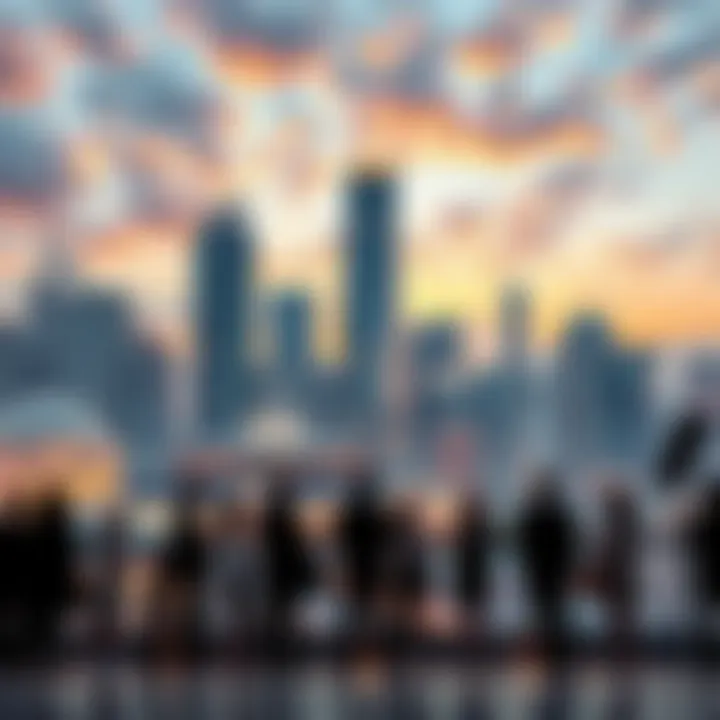 A modern city skyline with luxury buildings representing wealth, alongside people discussing financial values and societal impact.