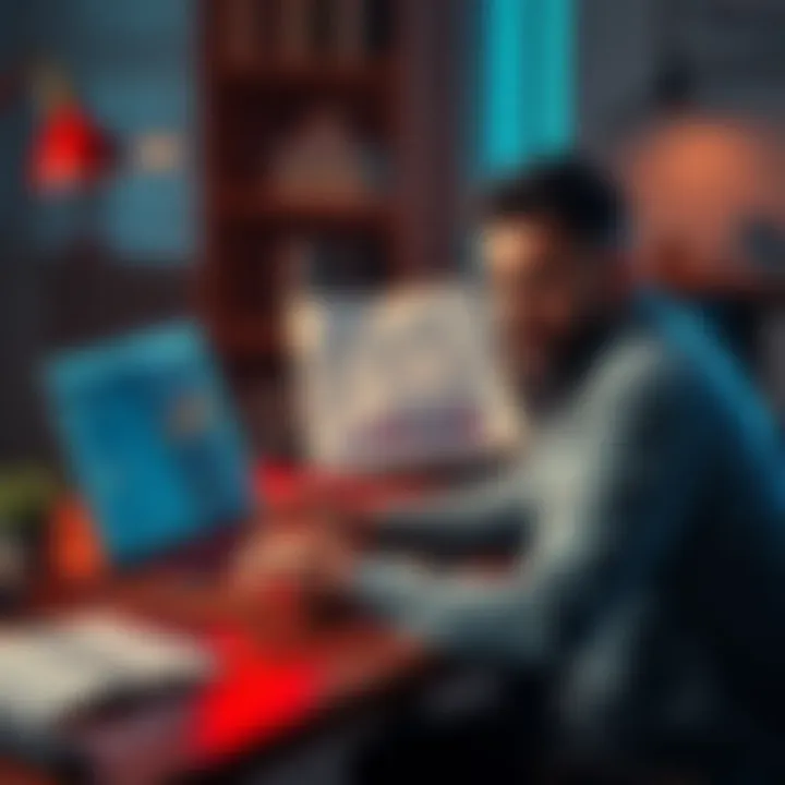 A worried person sitting at a desk, reviewing graphs and financial documents related to Nexo's high yield USDC offering, with a laptop open showing the Nexo website
