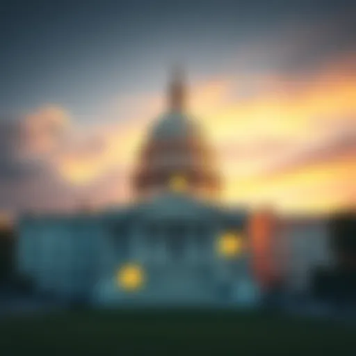A graphic showing the U.S. Capitol building with cryptocurrency symbols around it, representing new legislation on stablecoins.