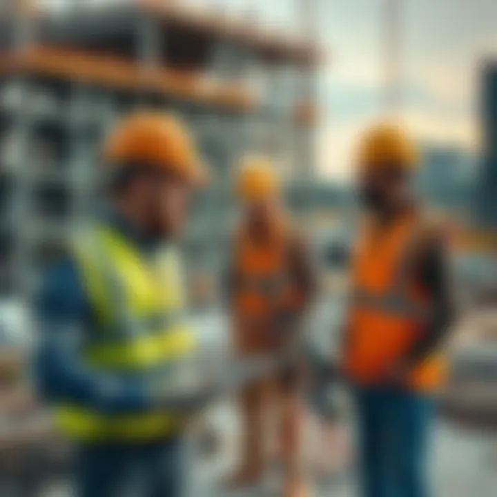 Construction workers collaborating on a building project with tools and equipment in view