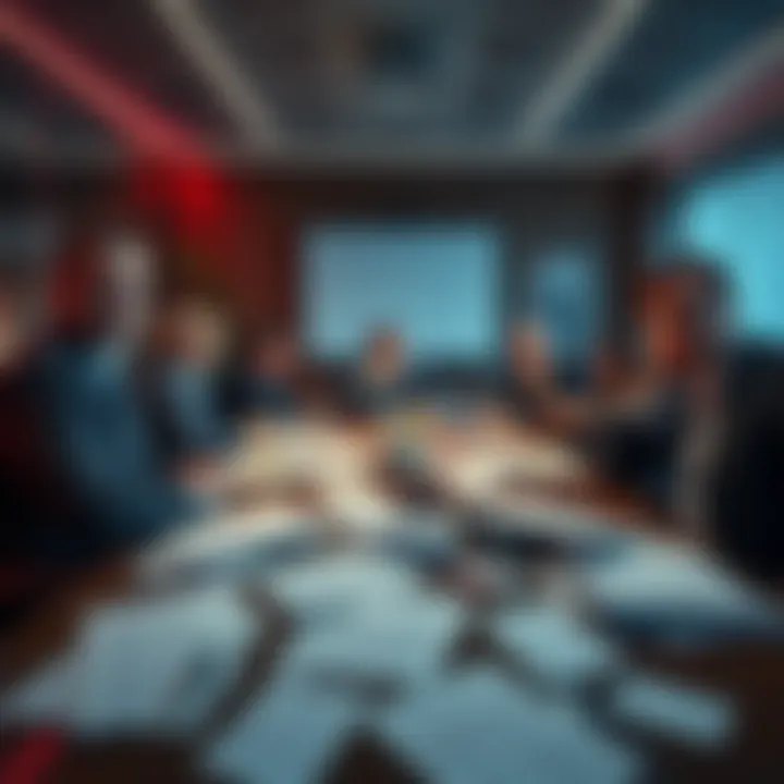 A group of business people in a meeting room looking shocked and disappointed after a deal falls through, with papers and contracts scattered on the table.