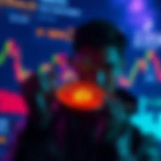 A person weighing options regarding unstaking their Cosmos investment with charts and coins in the background.
