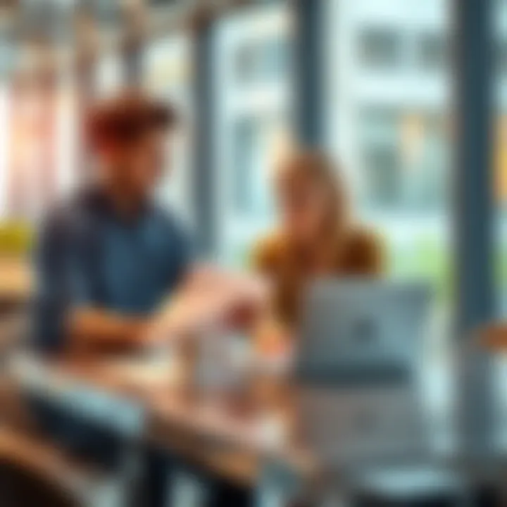 A couple sitting at a table with a laptop, reviewing financial documents and discussing their investment plans in a bright, modern setting.