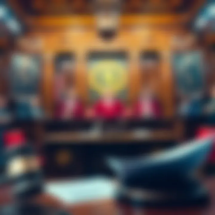A courtroom scene showing judges rejecting compensation claims from investors, with a gavel and legal documents in focus.