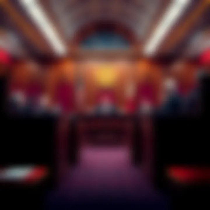A courtroom with judges discussing a ruling on tariffs, reflecting legal proceedings and economic policies.