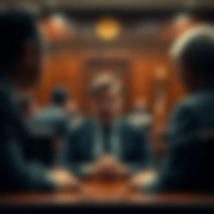 A person sitting in a courtroom, looking serious as they face legal charges, surrounded by lawyers and a judge.