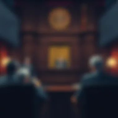 A judge presides over a courtroom with lawyers and a scam victim testifying.