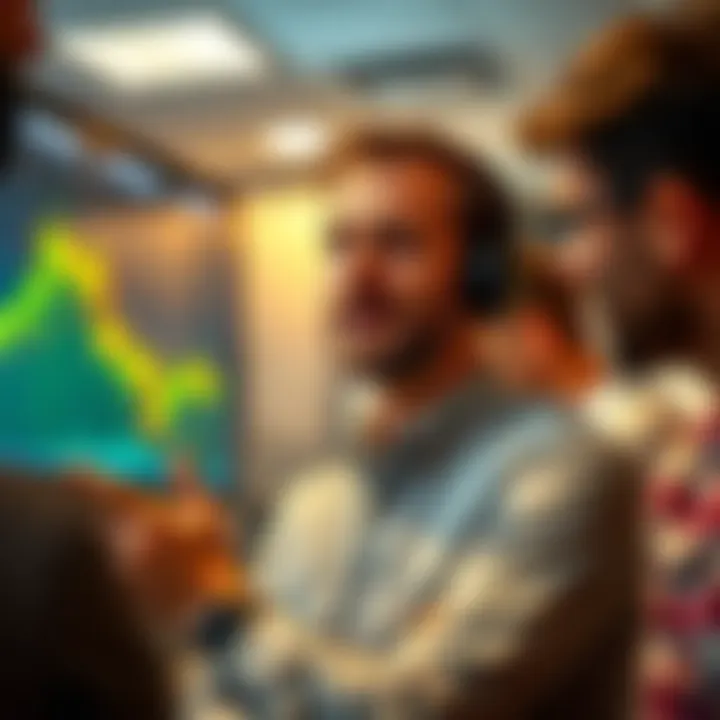 Coworker bragging about crypto A coworker proudly talking to others about his cryptocurrency gains while looking confident. In the background, a stock market chart shows a downward trend, hinting at actual losses.