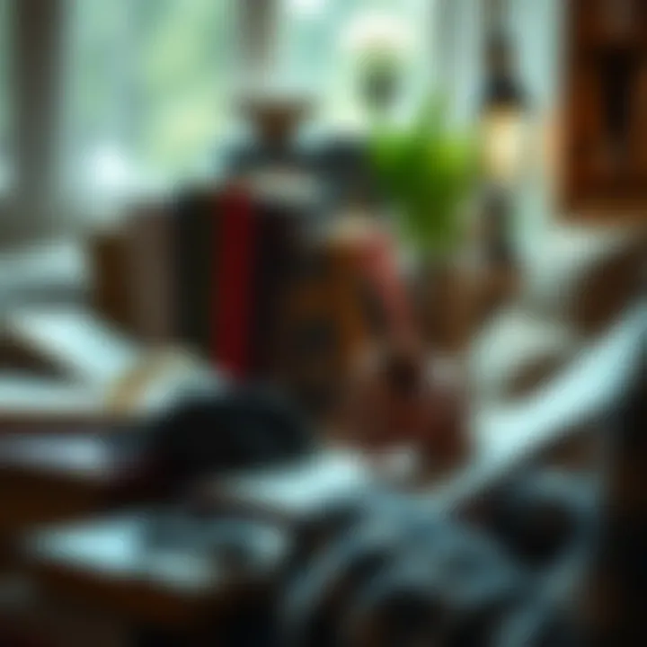 A person writing a poem with a notepad and pen, incorporating a seedphrase into the words, surrounded by books and a cozy atmosphere.