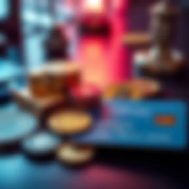 A credit card next to various cryptocurrency coins on a table