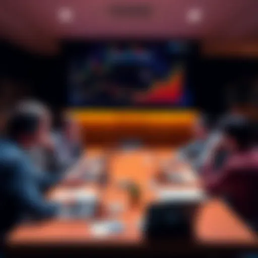 A group of people gathered around a table discussing cryptocurrency with laptops and notepads, while a screen displays crypto charts and news.