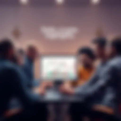 A diverse group of people engaged in a discussion about cryptocurrency, with charts and graphs on a laptop screen in front of them.
