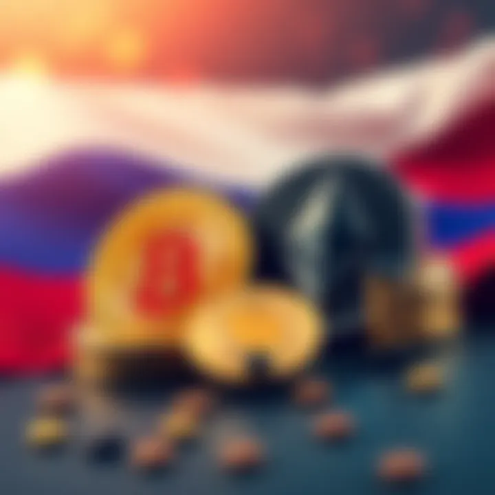 Crypto Payments for Foreign Trade Illustration of cryptocurrency symbols like Bitcoin and Ethereum with the Russian flag, representing Russia's move to legalize crypto payments in international trade.