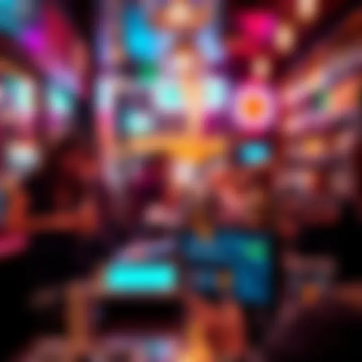 A bartender showing a payment screen with cryptocurrency options at a lively New York City bar.