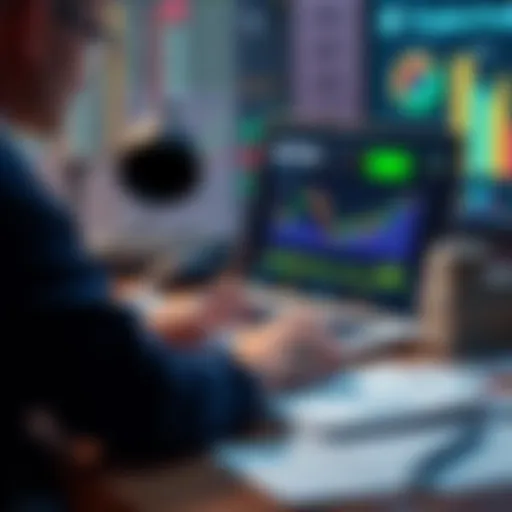 A person reviewing financial charts and crypto assets on a laptop, with stacks of cash and tax forms nearby