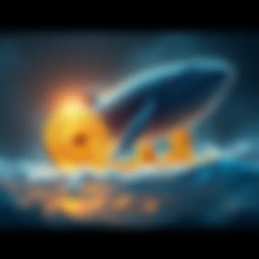 A whale symbolically purchasing Ethereum coins, representing a significant investment move after previous losses.