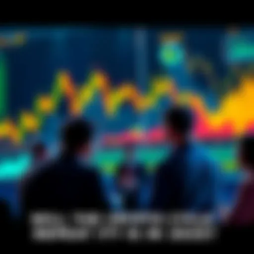 A group of people discussing cryptocurrency trading strategies with charts and graphs in the background
