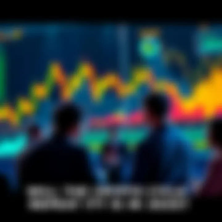 A group of people discussing cryptocurrency trading strategies with charts and graphs in the background