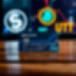 A crypto debit card resting on a wooden table with USDC and USDT symbols in the background, representing digital currency spending.