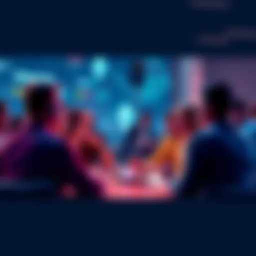 A group of people engaging in a lively discussion about cryptocurrency topics, featuring visual elements related to Ethereum and trading insights.