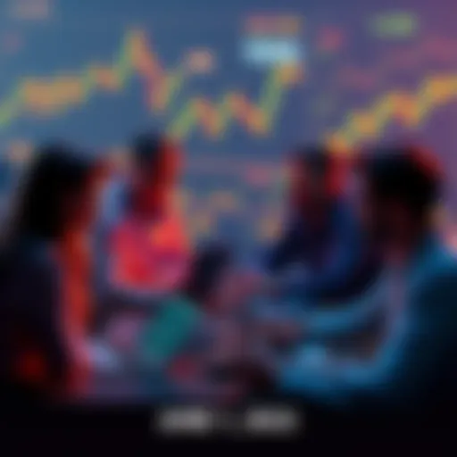 A group of people engaging in a discussion about cryptocurrency, with laptops and charts in the background, emphasizing caution and smart investing.