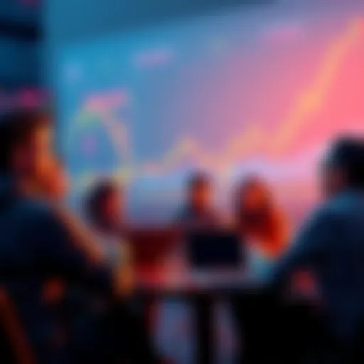A group of people discussing cryptocurrency trading strategies with charts and laptops in the background